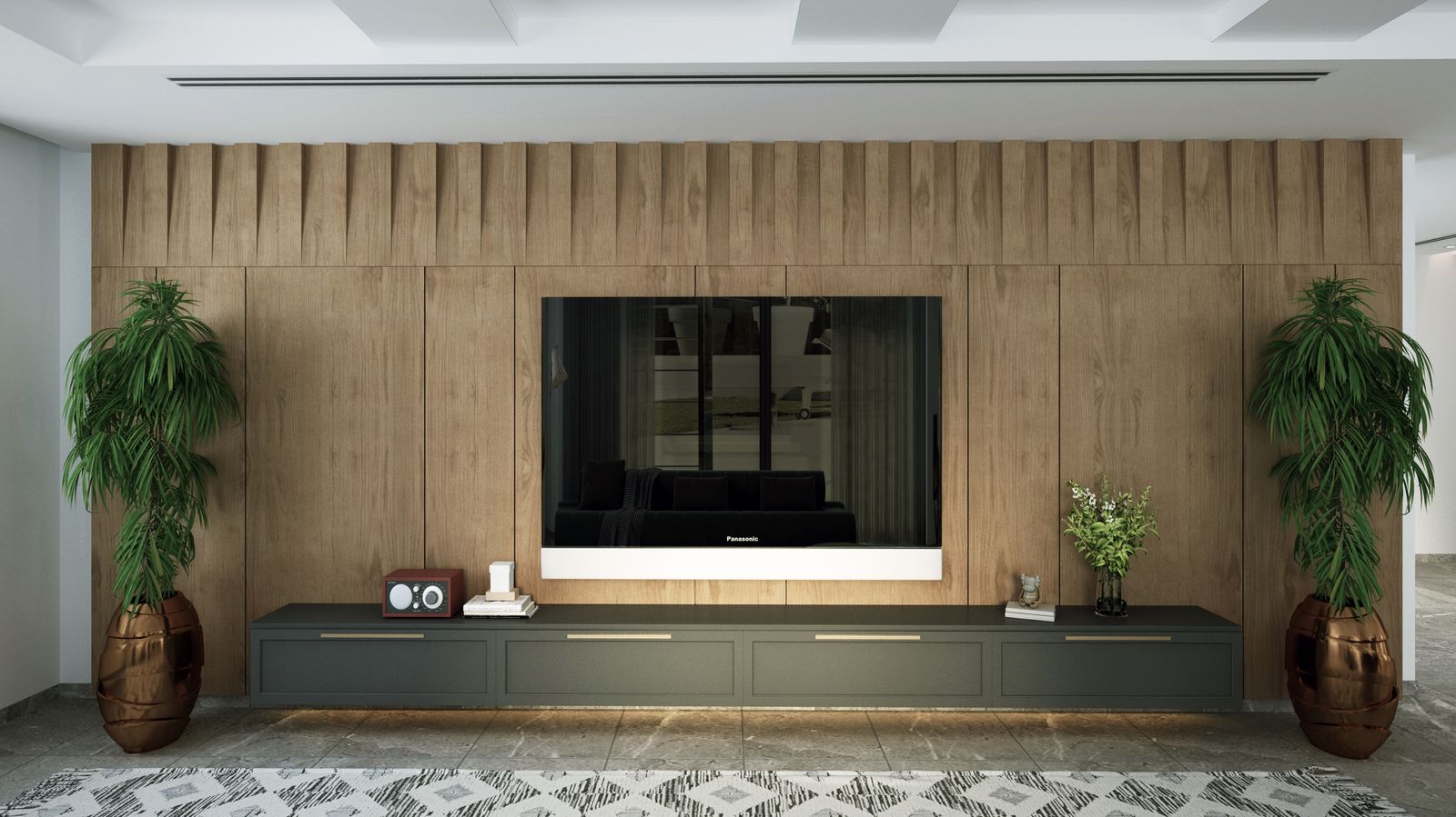 Stock inspiration: a television mounted on a timber feature wall with storage.
